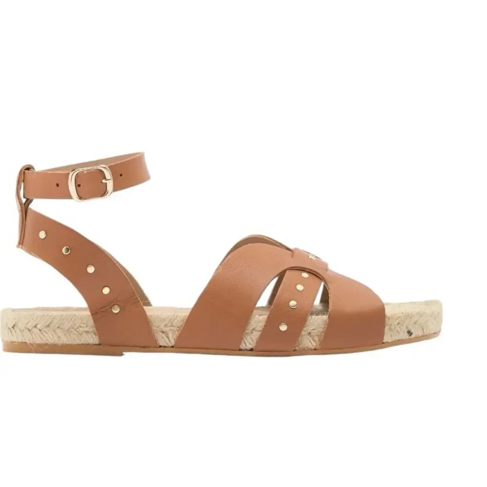 Bruno Magli Perla Cognac Brown Leather Sandals Gold Studded NWTS NIB size 10